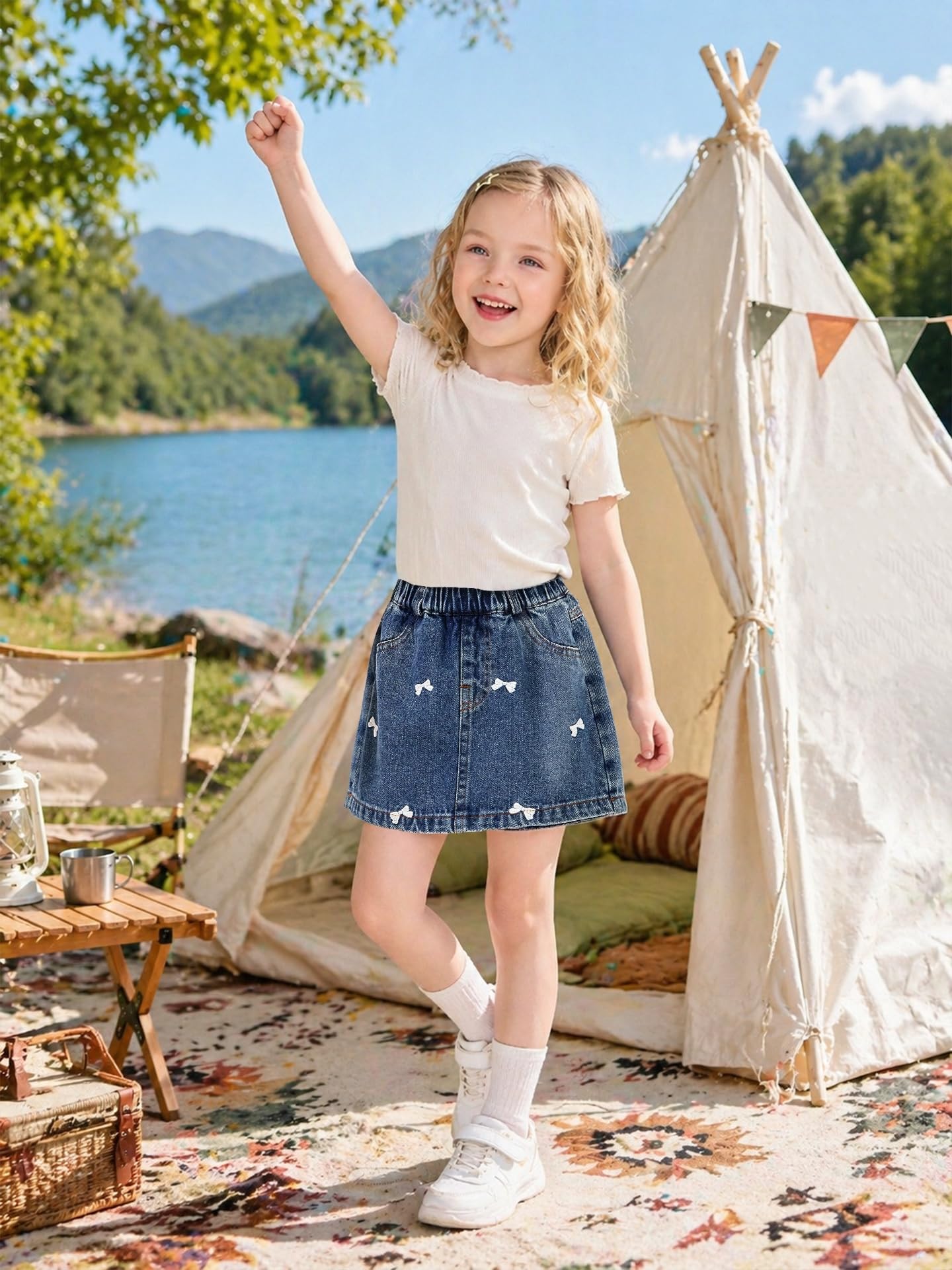 Miipat Gonna in Denim per Bambina, Gonna di Jeans con Pantaloncini a Pieghe a Vita Alta Modello ad A Elastico Casual Mini Gonne con Tasche per Bambine e Ragazze