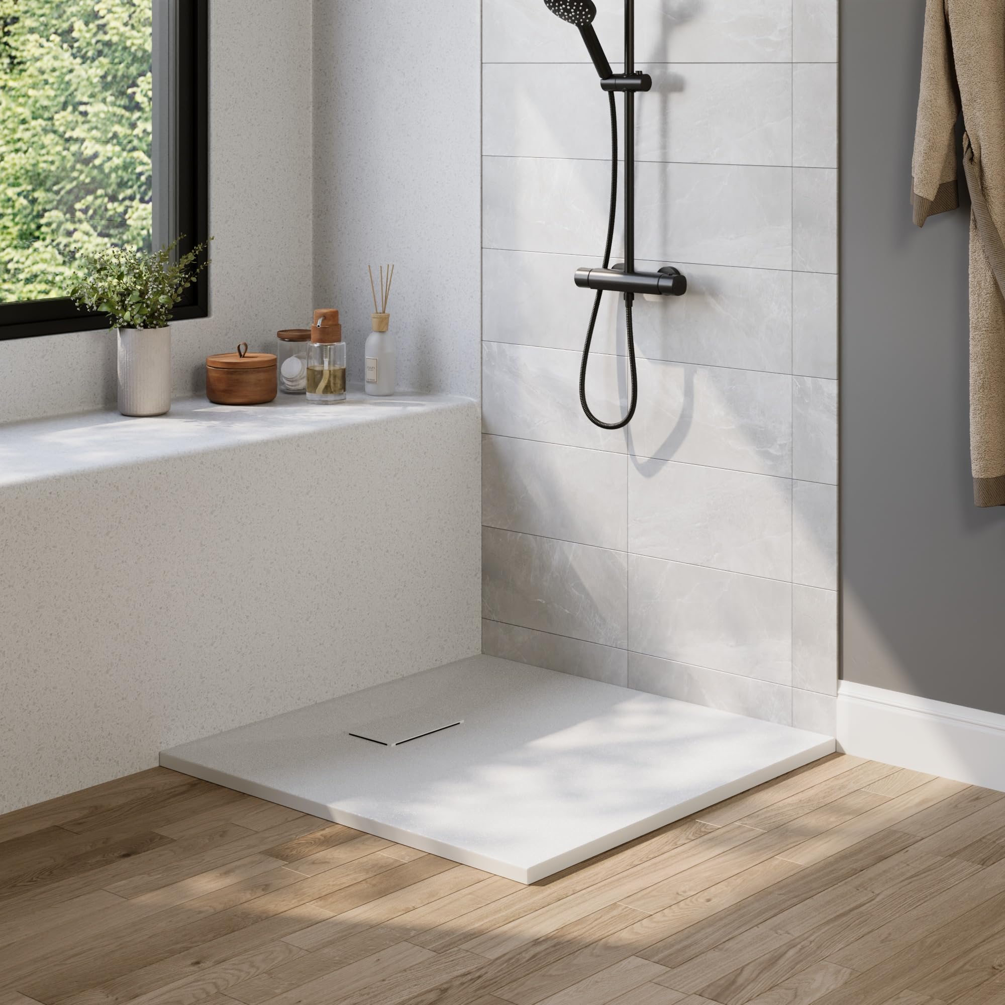 DeerValley Duschwanne 90x90cm – SMC rutschfest mit Ablaufgarnitur 90mm Duschtasse bodengleich zuschneidbar belastbar flach Duschablauf Dusche barrierefrei