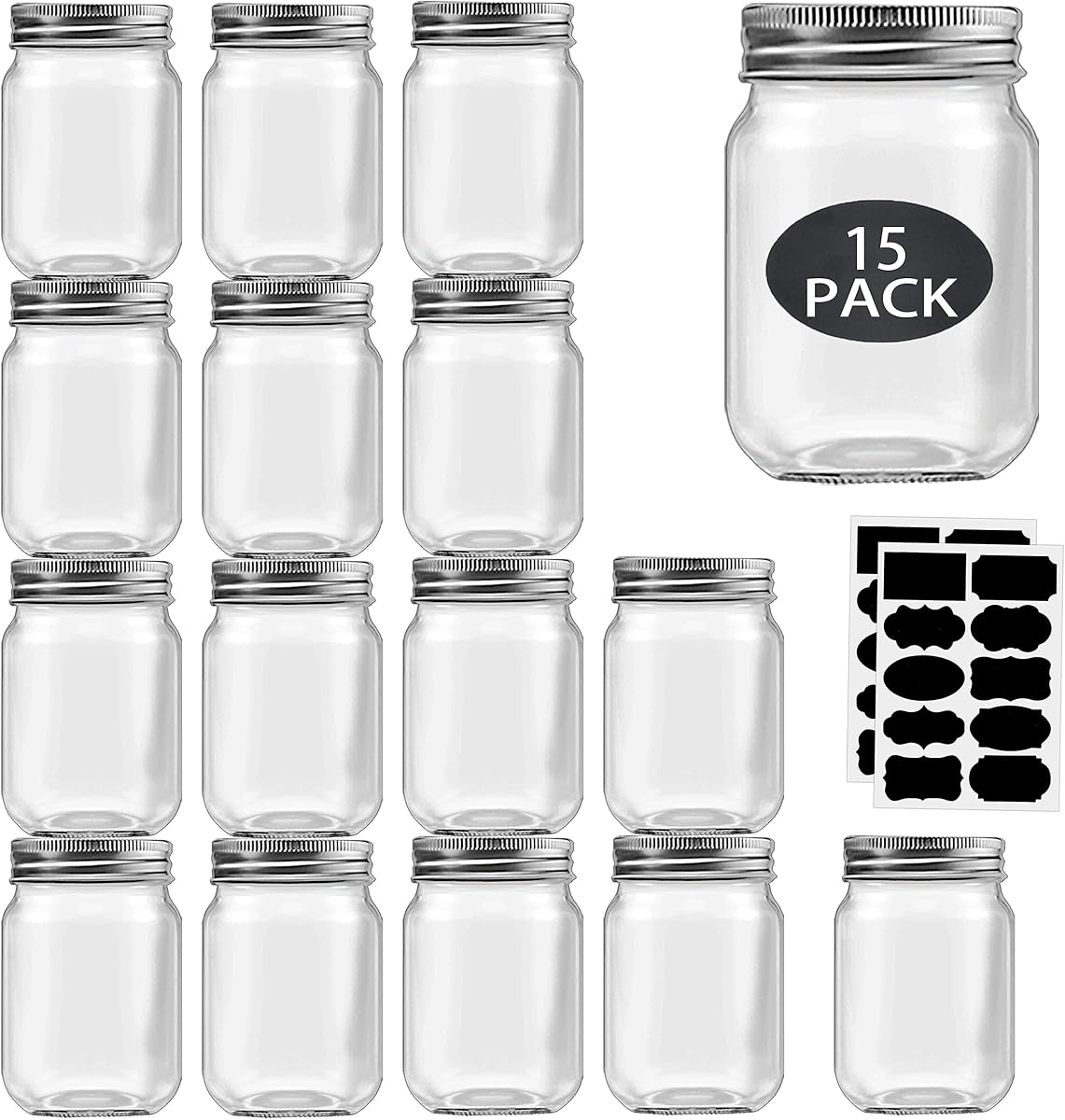 16 oz Mason Jars with Silver Lids 15 Pack Pint Glass Canning Jars | Regular mouth clear glass jars bulk for meal prep, Overnight Oats, Dry Food, DIY Crafts.Food Storag with 20 labels and 1 pen