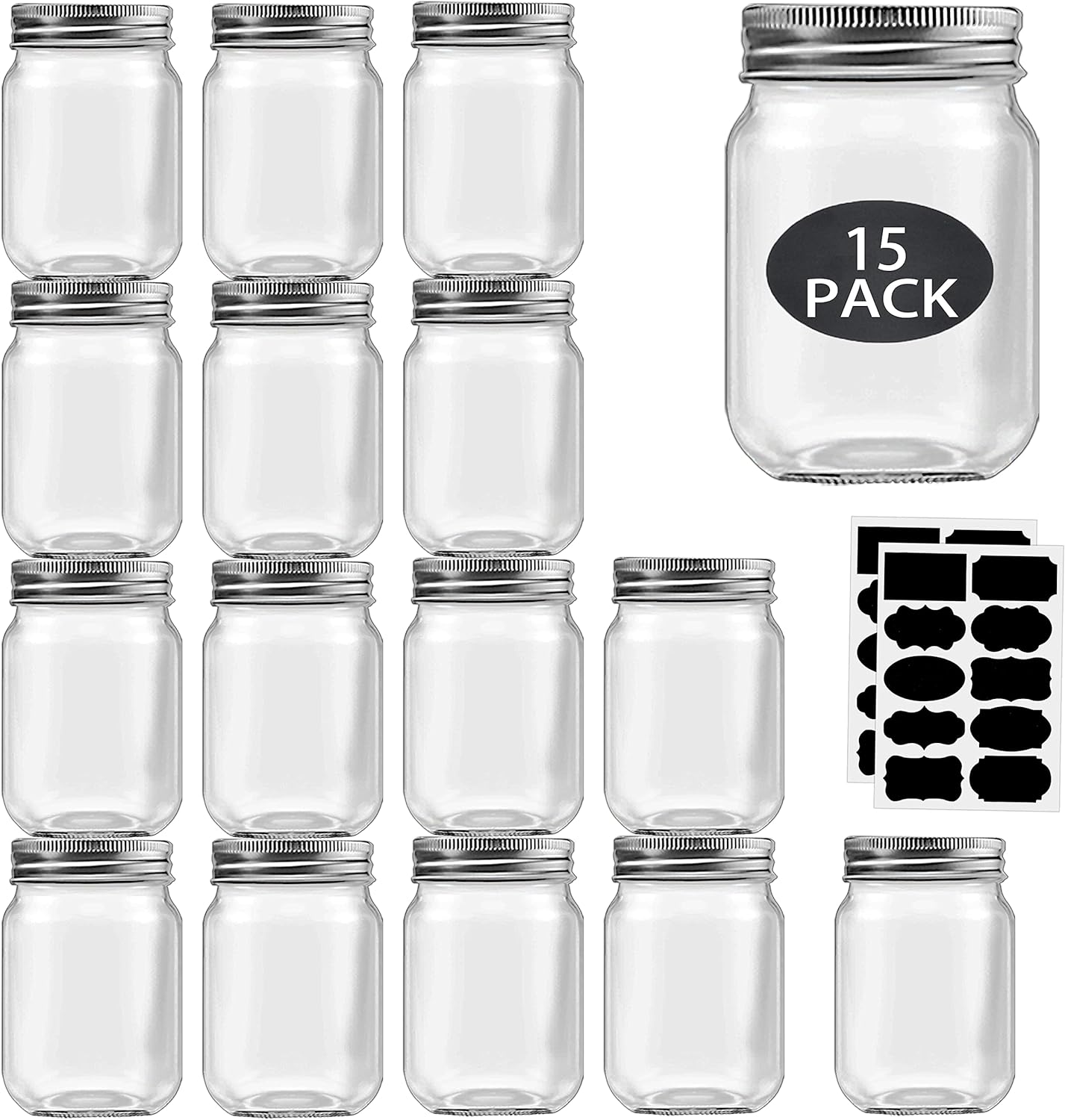 16 oz Mason Jars With Lids Regular Mouth 15 Pack16 oz Glass Jars with Lids,Bulk Pint Clear