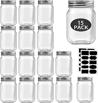 Rainforce 16 oz Mason Jars With Lids Regular Mouth 15 Pack-16oz Glass Jars with Silver Lids,Bulk Pint Clear Glass Jars For Meal Prep, Food Storage With 20 Labels