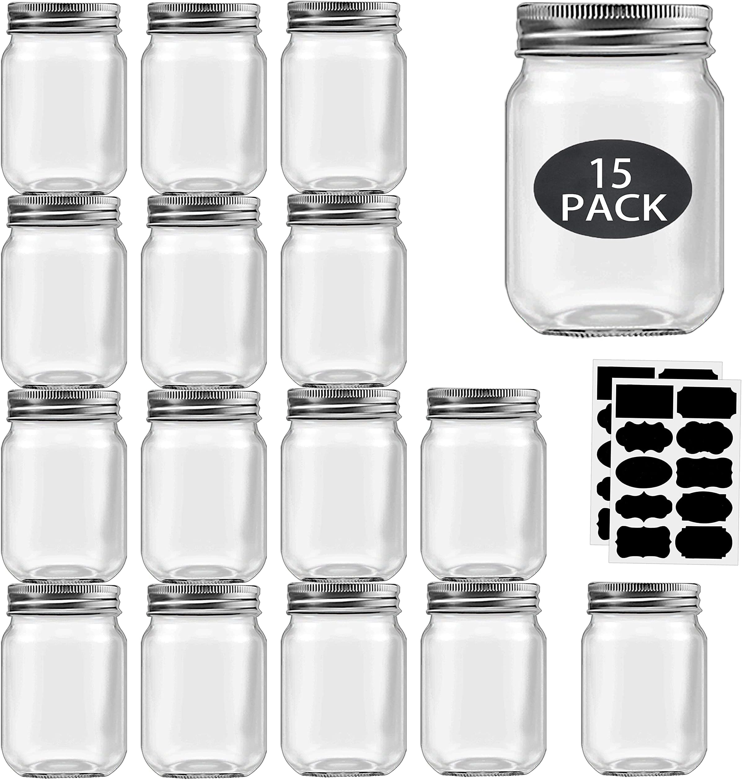 Rainforce 16 oz Mason Jars With Lids Regular Mouth 15 Pack-16oz Glass Jars with Silver Lids,Bulk Pint Clear Glass Jars For Meal Prep, Food Storage With 20 Labels