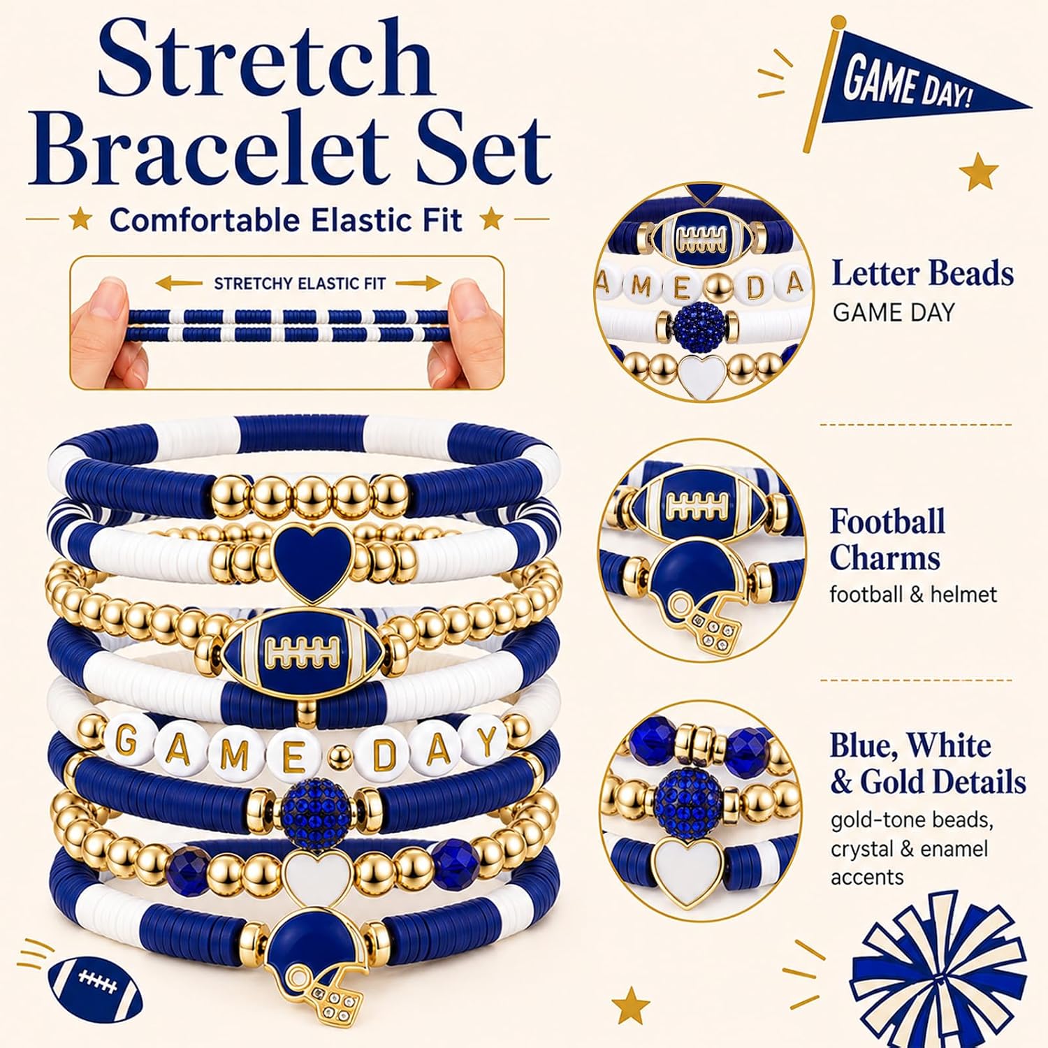 Artlunar Game Day Football Charm Bracelet: Stackable Sports Jewelry for Moms & Dads - Perfect for Football Fans