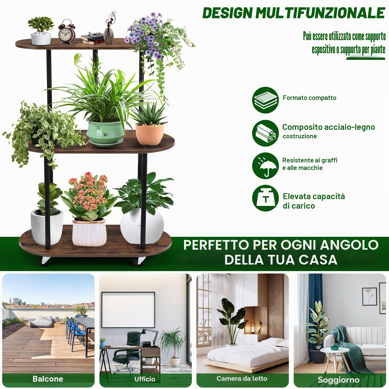 Scaffale per Piante 3 Ripiani con Ruote, Supporto Piante in Metallo e Legno, Porta Piante Interno 90 cm Alto per Soggiorno Balcone Cucina, Portavasi Salvaspazio Stabile