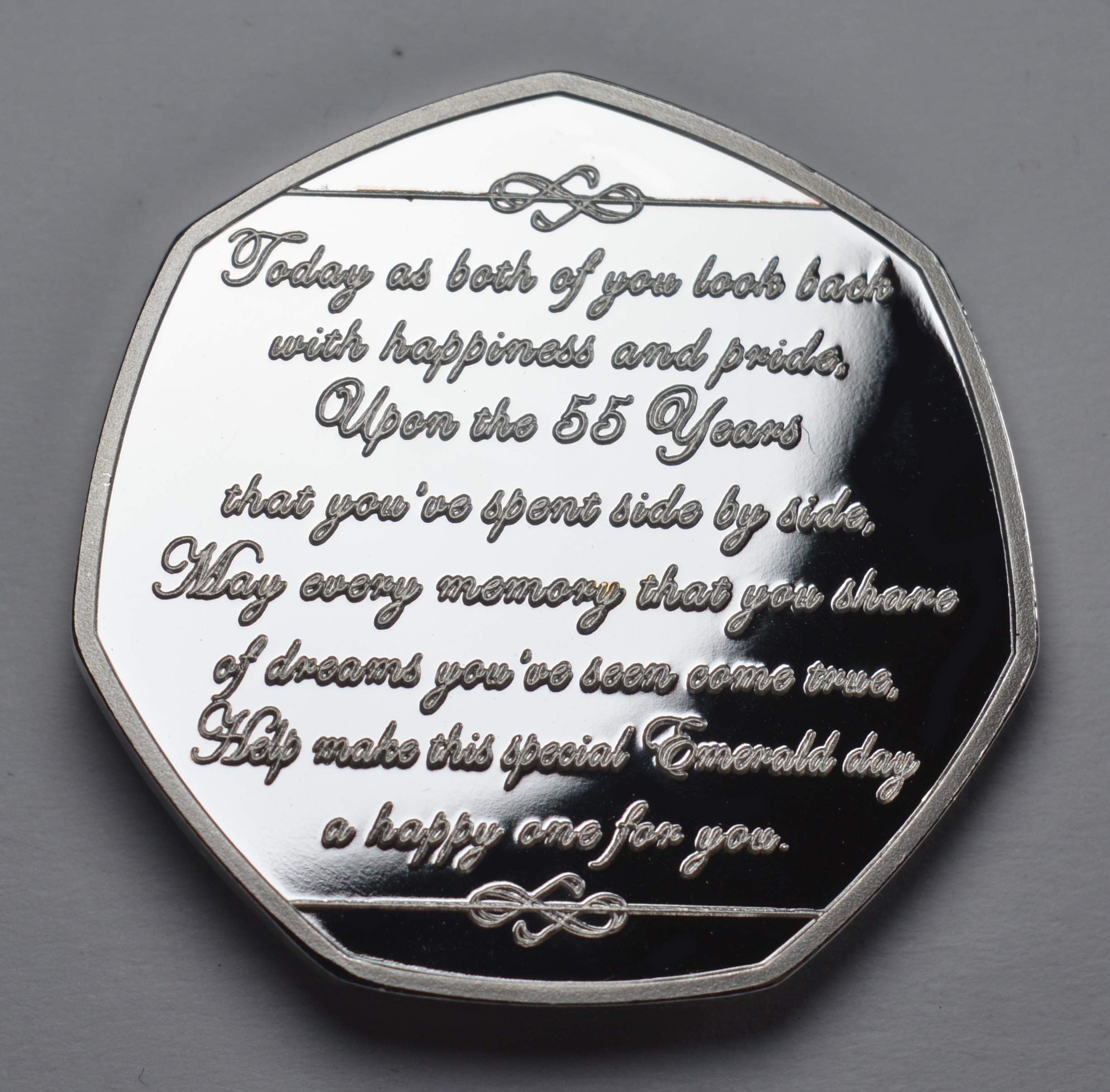 The Commemorative Coin Company 55° anniversario di matrimonio smeraldo argento commemorativo con pietre preziose di diamante. Regalo/regalo 55 anni insieme