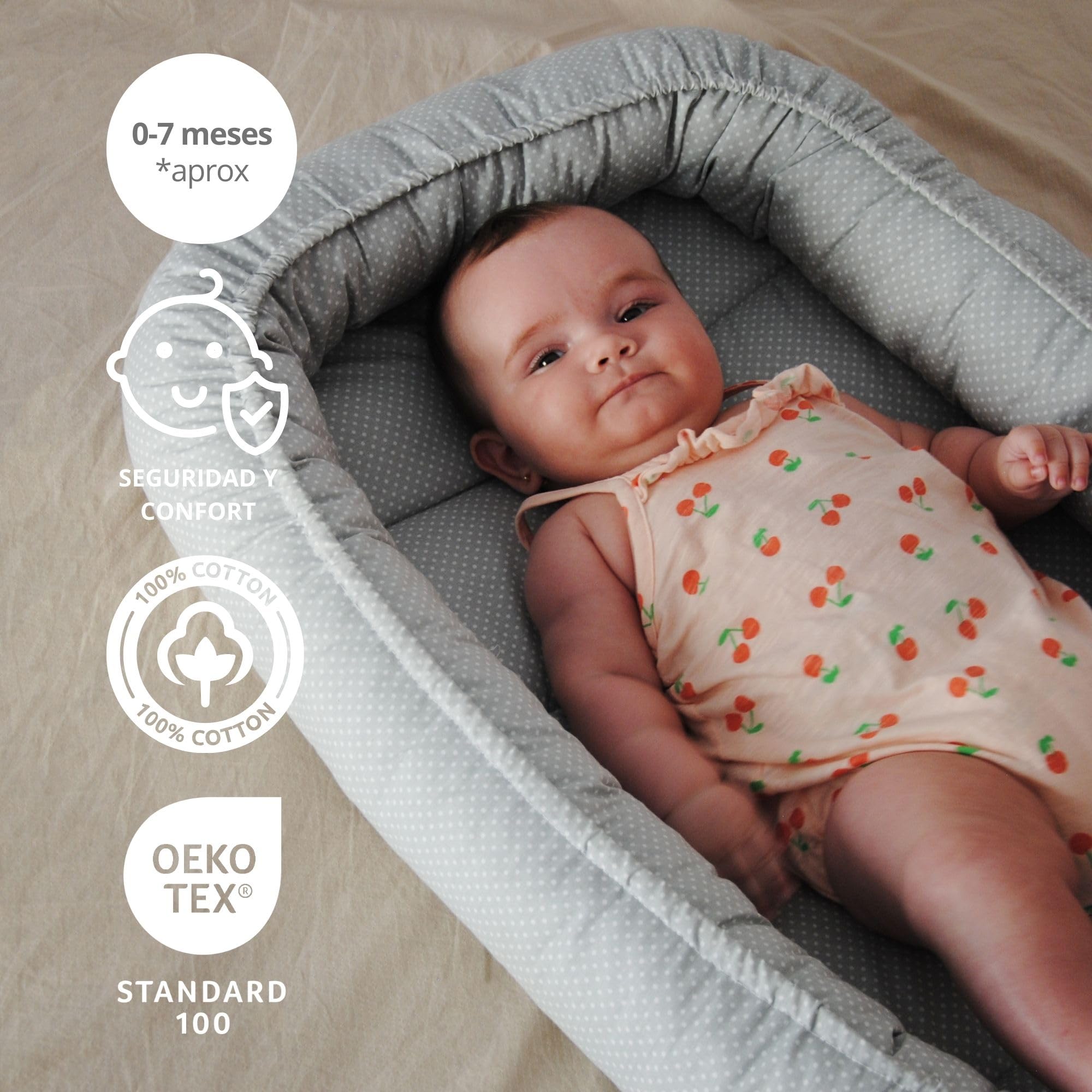 Nido Bebé 0-7 Meses 100% Algodón Certificado OEKO-TEX, Reductor de Cuna y Cuna de Viaje - Nido Bebé Acolchado y Mullido, Ideal para Colecho y con Lazo Ajustable 100% Made in Spain (Gris)
