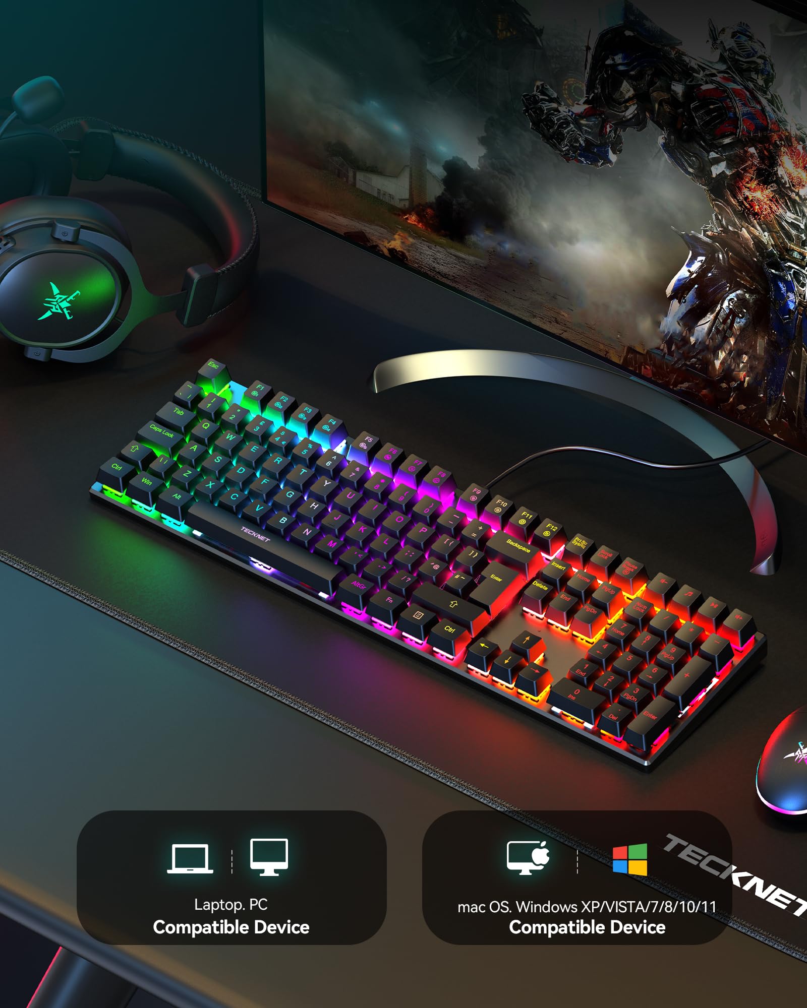 TECKNET Mechanical Gaming Keyboard - Red Switches Mechanical Keyboard with 109 Keys, 24 LED Lighting Modes, Fully Programmable Keys & Anti-Ghosting for Gaming, PC, Windows, Gamer, Office, UK Layout — view 7