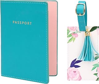 Luggage Tag with Passport Holder Cover for Women Gift Set | Synthetic Vegan PU Leather Wallet Travel Accessories | Cruise Essentials (Blue Floral)