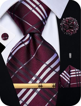 YourTies Tie for Men Silk Plaid Checkered Necktie Pocket Square Cufflinks Lapel Pin Tie Clip Set Business Wedding Party