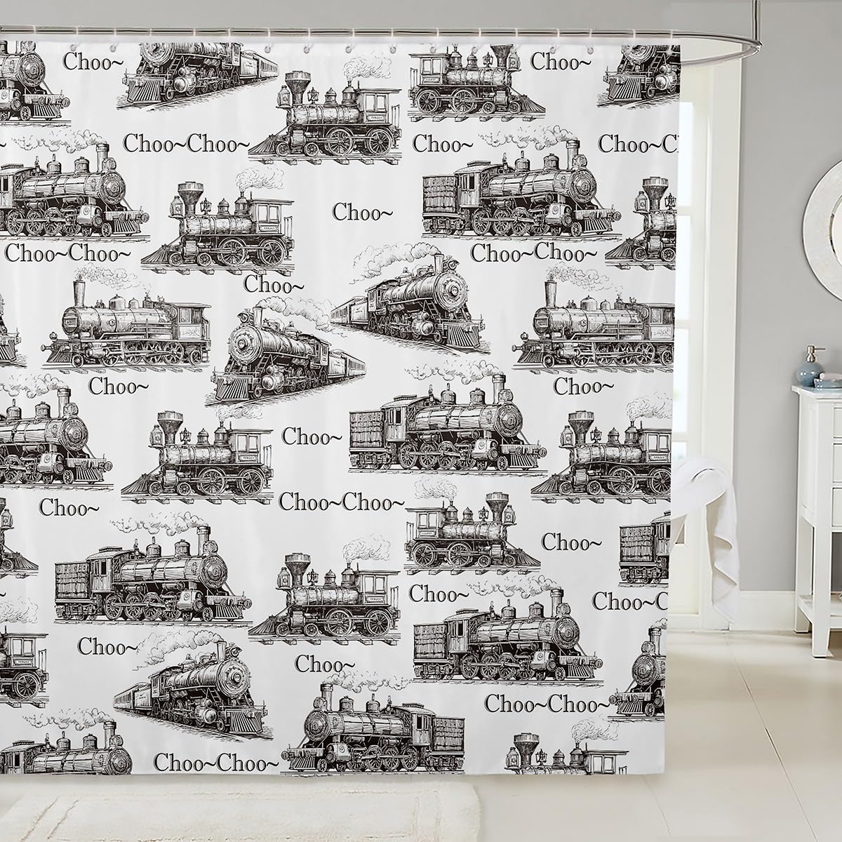 Retro Train Shower Curtain,Steam Locomotive Train Bathroom Curtain for Kids Boys Girls Teens Bathtub Decor,Old Choo-Choo Train Waterproof Curtain