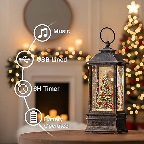 Miniatura 2 de Linterna de agua de globo de nieve de Navidad iluminada de 10 pulgadas con decoración musical con purpurina para el hogar de Navidad, dormitorio,