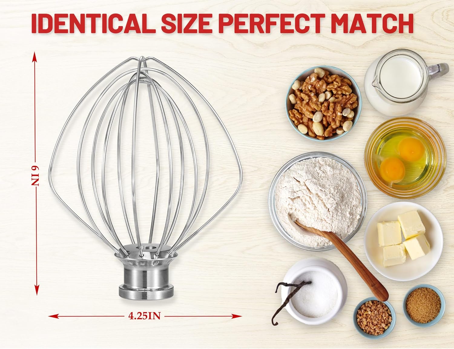 K45WW Dishwasher Safe Whisk 6-Wire Whip Attachment Fits 4.5 5 Quart KitchenAid Tilt-Head Stand Mixer, Stainless Steel Whisk Accessories for Kitchen Aid K45,K45SS,KSM75,KSM90,KSM110,KSM150