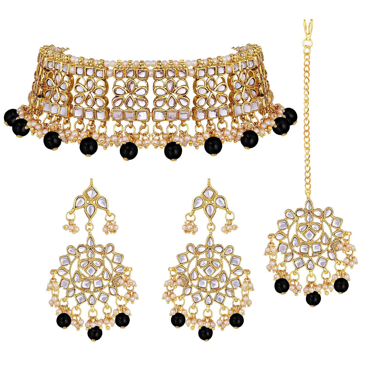 Aheli Elegant Indian Faux Kundan Studded Choker Necklace with Maang Tikka Set Ethnic Wedding Wear Fashion Jewelry Gift for Women Blue