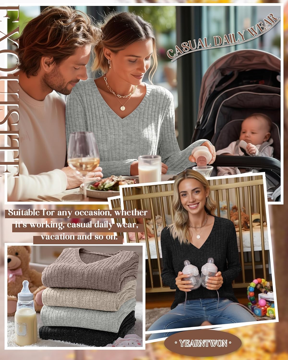 4 Pack Women's Maternity Nursing Tops, V Neck Breastfeeding Sweaters Long Sleeve Hidden Zipper Shirts - Image 2