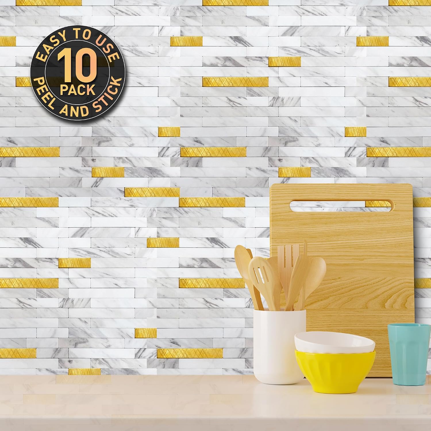 Peel & Stick Backsplash Wall Tile. 10 White & Gold Faux Marble 11.8" X 10.23" Self-Adhesive Sheets, 9.26 Sqft/Box. Strong, Removable Tile for Kitchens, Bathrooms, Vanity, Fireplace, RV Decor