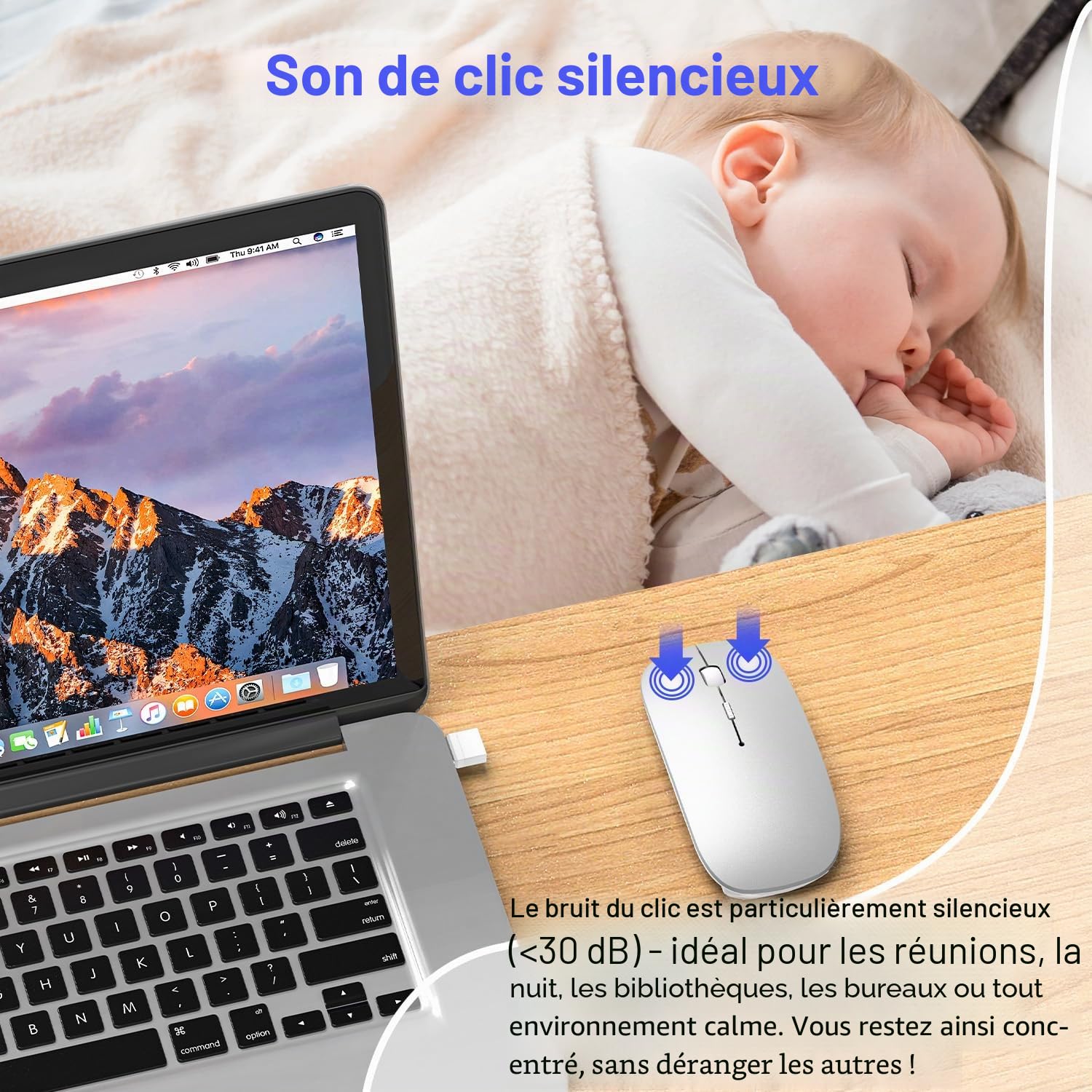 Souris Bluetooth sans Fil pour MacBook Pro/Air/Mac/iPad/Ordinateur Portable/Bureau/Mac/PC/Ordinateur/téléphone - Souris de Bureau Portable Fine et silencieuse avec Adaptateur USB-C 2,4 GHz