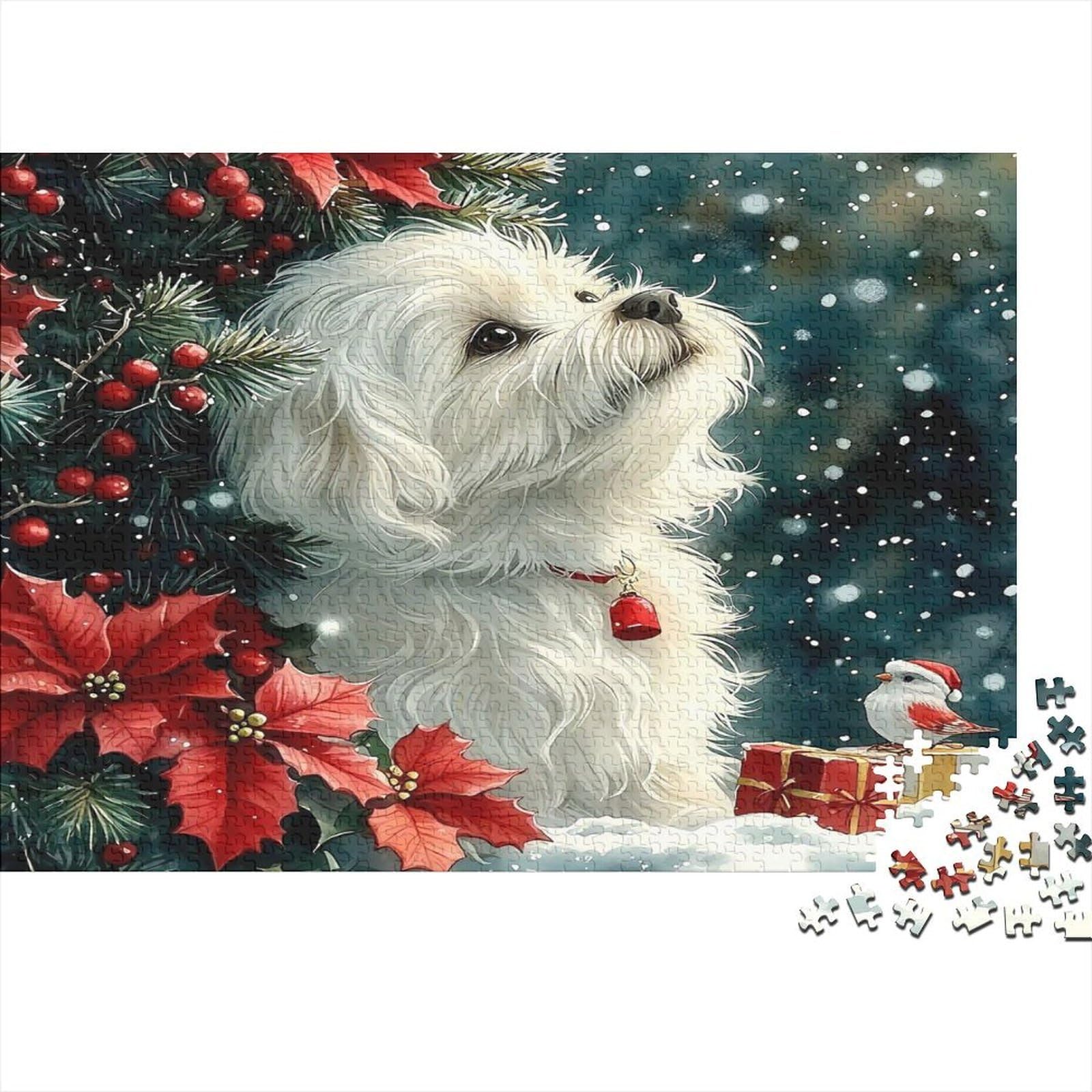 White Dog Christmas Flowers 1000 Piece Jigsaw Puzzle Jigsaw Puzzle for Adults Night View Puzzle Game for Family Relaxation Gift 38x26cm/1000pcs โ image 1