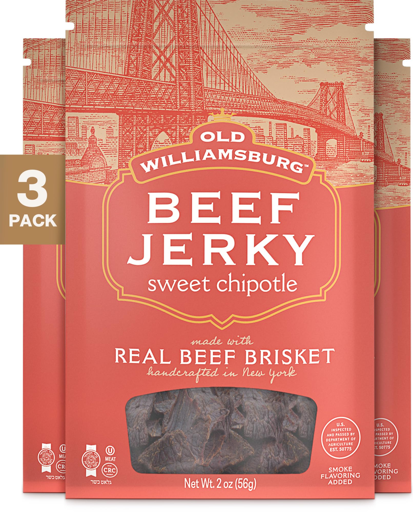 Old Williamsburg Sweet Chipotle Beef Jerky, 2oz | Real Beef Brisket | Hand Crafted Jerky | Gluten Free Meat Snack | Protein Packed | Kosher Beef Jerky (1)