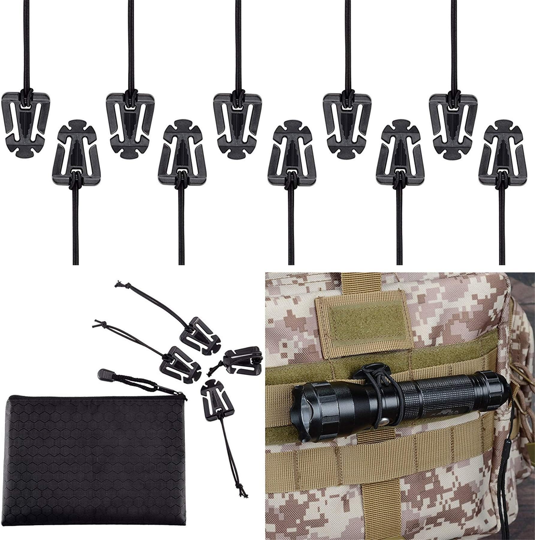 Pack of 10 Tactical Gear Clip Molle Web Dominators for Outdoor Hydration Tube Backpack Straps Management with Zippered Pouch by BOOSTEADY
