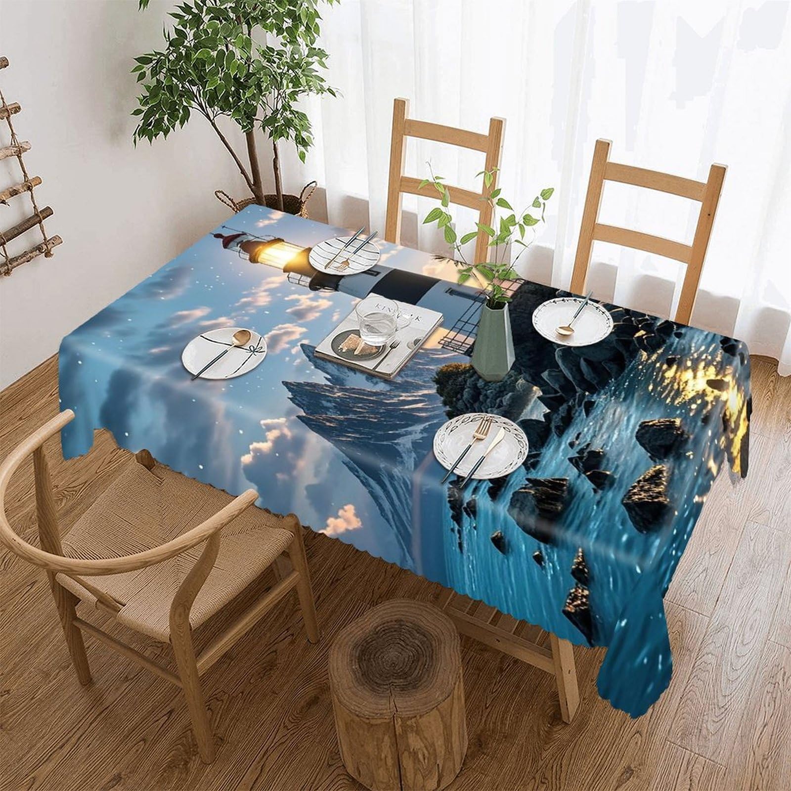 Lighthouse by The Sea Tablecloth Rectangle Table Cloth Decorative Fabric Table Cover Waterproof Seasonal Table Cover Wrinkle Resistant Washable Table Cloth for Party Picnic Dinner Decor 55"x70"