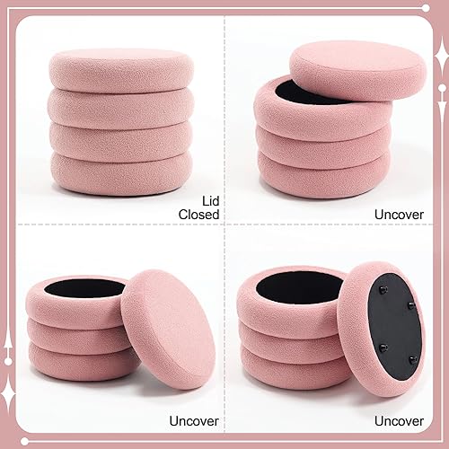 Miniatura 4 de Flouki Otomana redonda de almacenamiento, otomana con almacenamiento, almacenamiento otomano sherpa, 18 pulgadas, juego de 2, rosa
