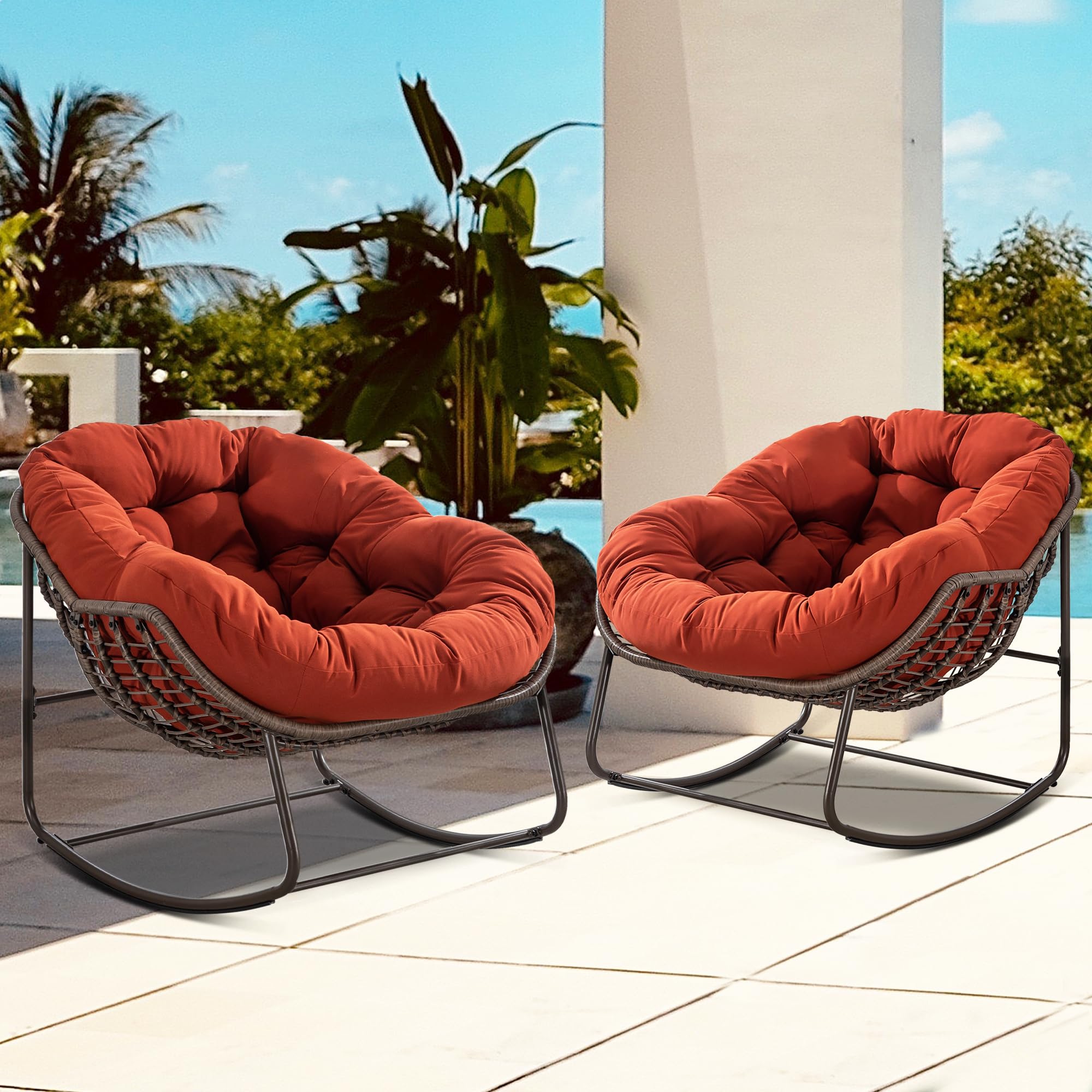 Villeston Oversized Papasan Rocking Chair - Outdoor Luxury Comfy Patio Chair Set of 2 Indoor Egg Royal Double Rattan Rocking Chair with Cushion for