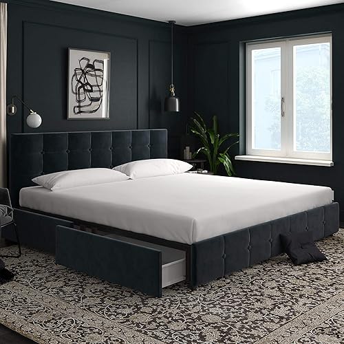 DHP Rose Upholstered Platform Bed with Underbed Storage Drawers and Button Tufted Headboard and Footboard, No Box Spring Needed, King, Blue Velvet