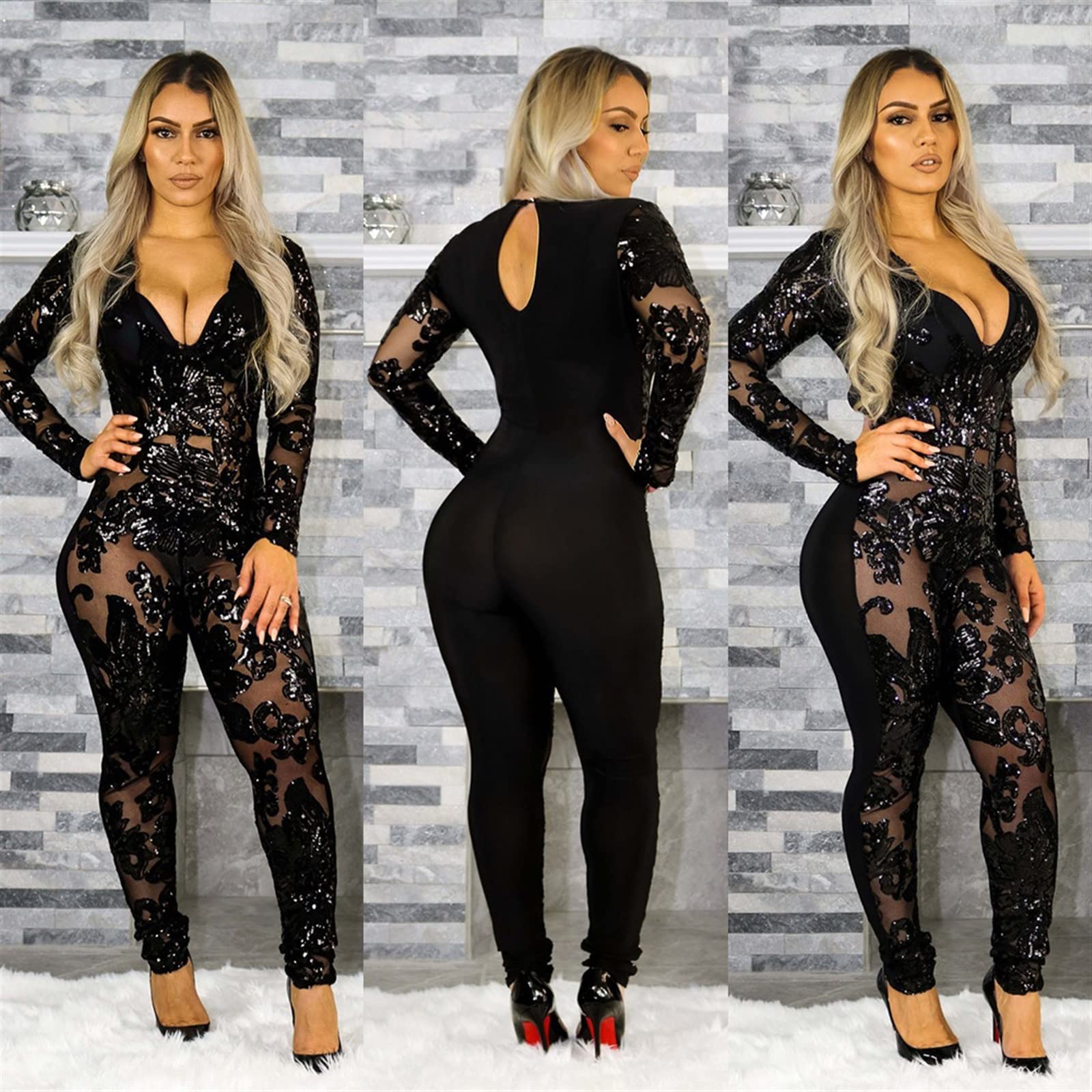 Atuendos Sexys para Mujer Conjunto De Pantalón Y Top Metalizado con Lentejuelas Brillantes Mono Ajustado Mameluco con Cuello En V Profundo Perspectiva Clubwear (Color : Black, Size : Medium)