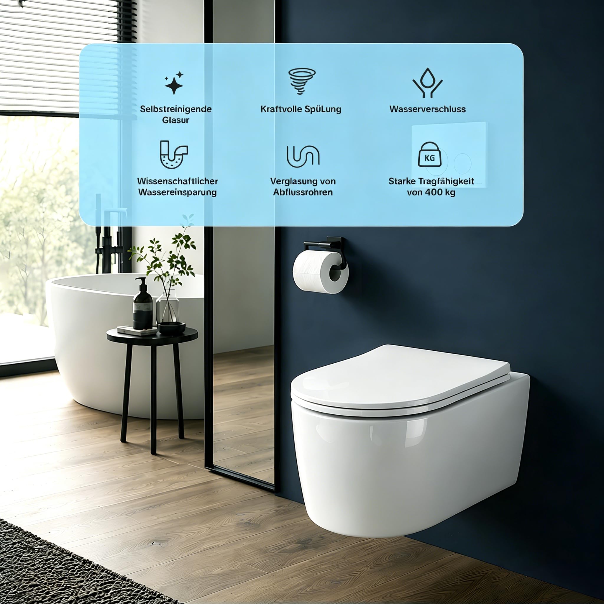 Randloses Wand-WC — Tiefspül-Design mit leistungsstarkem und wassersparendem Spülsystem, inklusive WC-Sitz mit Absenkautomatik und Schnellspanner, Weiß, 48,5 cm lang