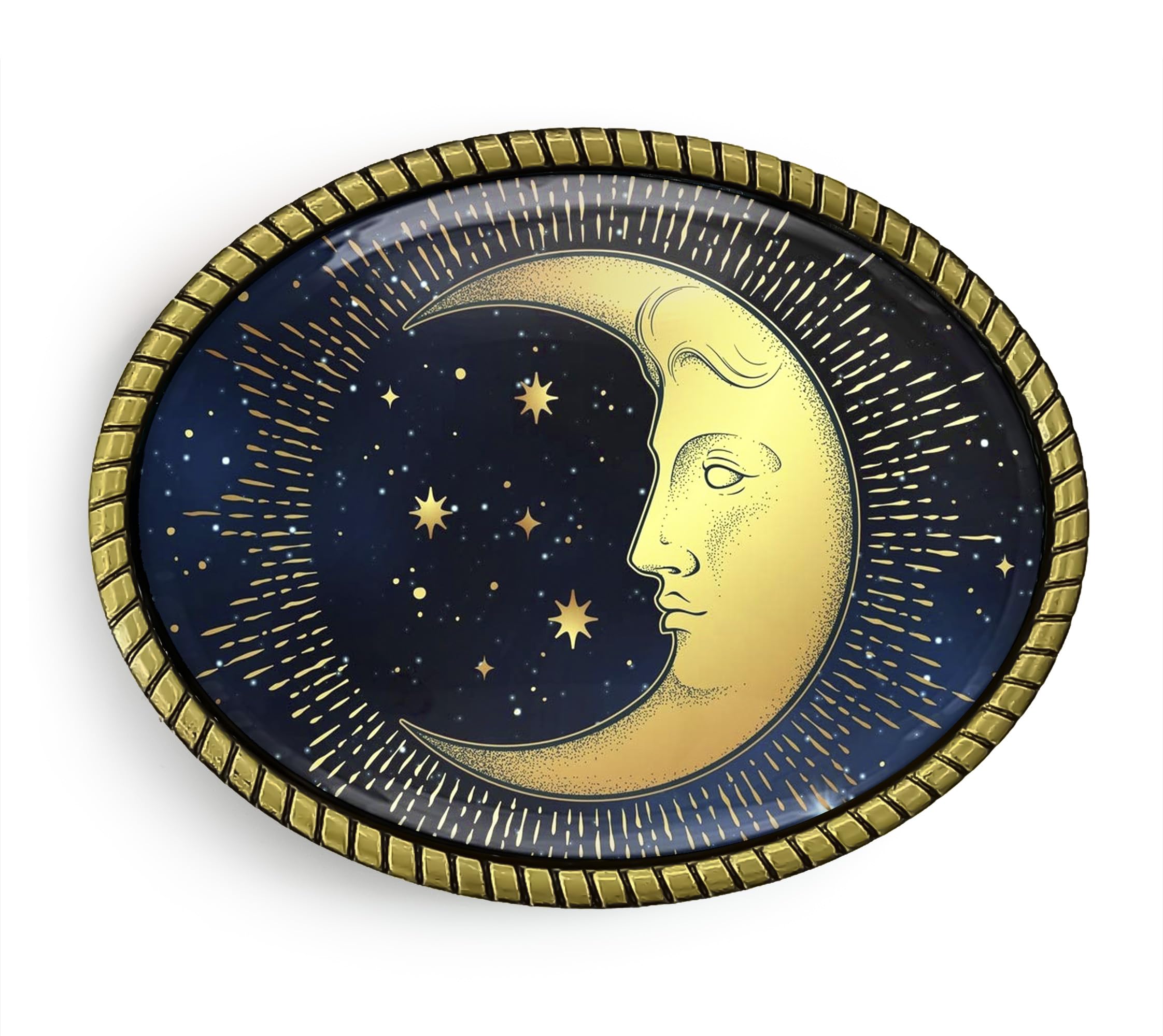 Crescent Moon n Stars Belt Buckle - Decorative Celestial Astrology Handmade Artisan Buckle (Antique Gold)