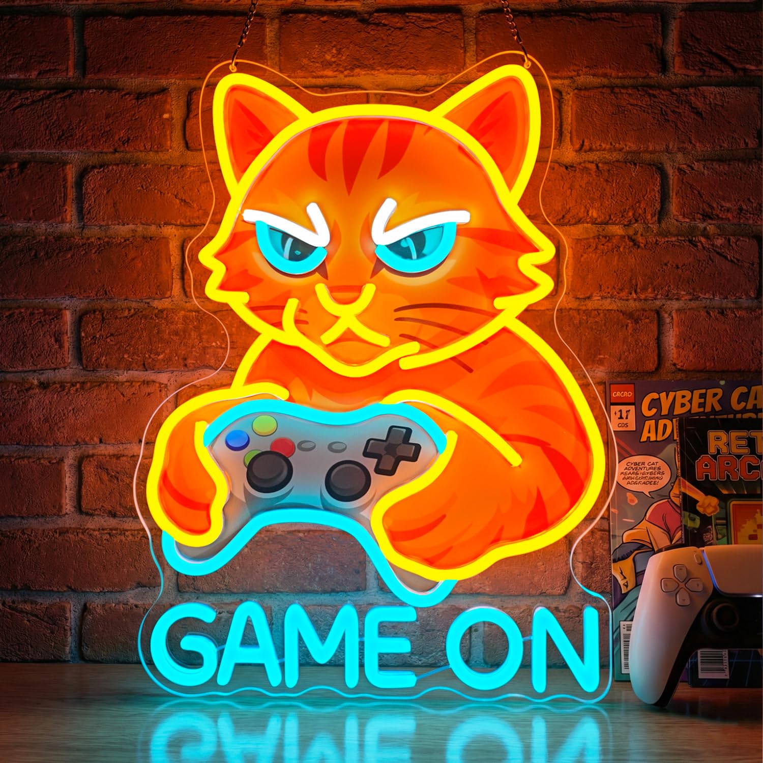 Insegne luminose del gatto, GAME ON Insegna al neon, Gatto con controller Insegne al neon a LED per sala giochi, Lampada da parete al neon USB per giocatori, regalo di gioco per giocatori