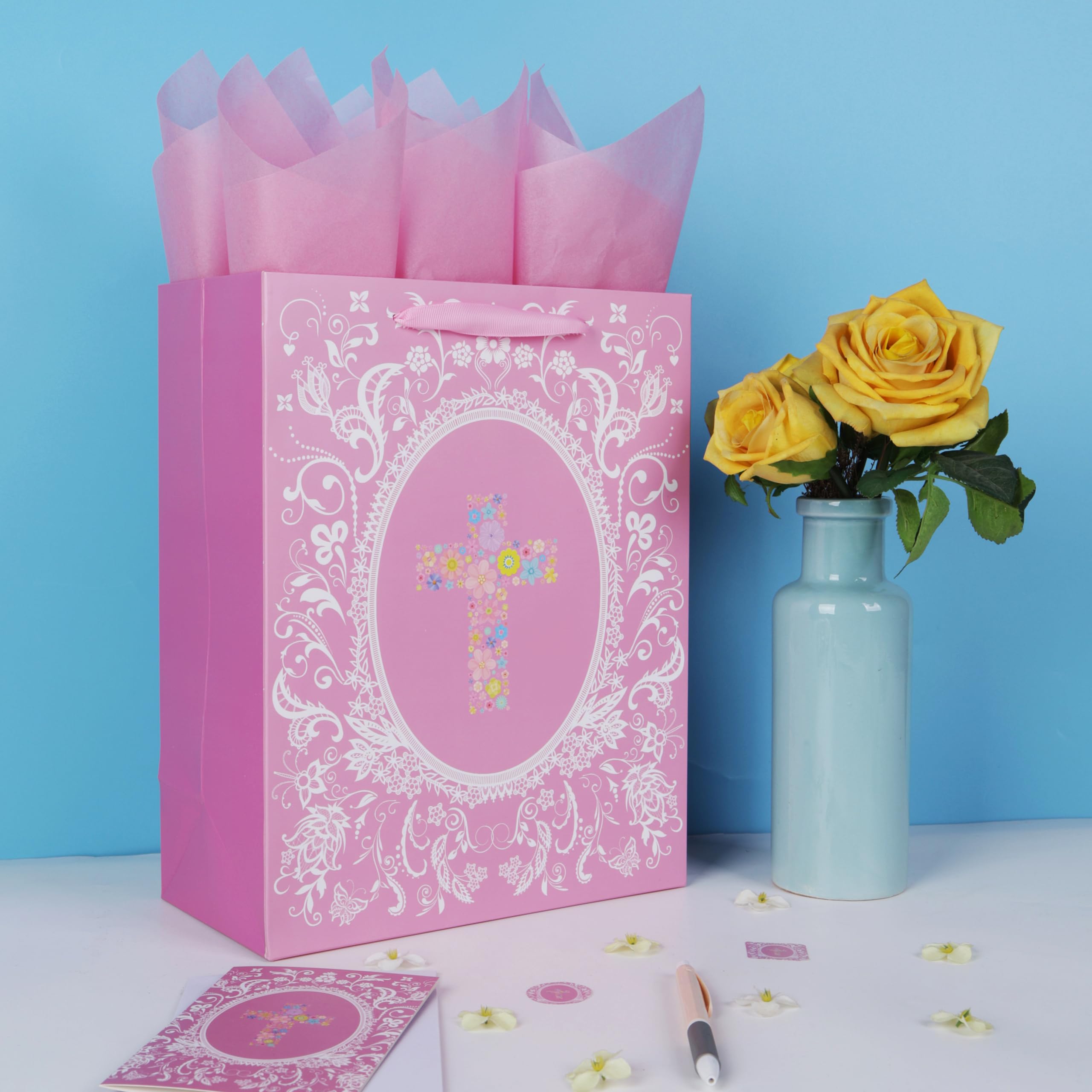 13'' Large Floral Religious Gift Bag Set with Handles, Greeting Card, Gold Tissue Papers and Stickers for Women Girls for Girls Women, for First Communions, Baby Girl Baptisms, Christenings, Religious Occasion, Clergy Day, Cross Design, 1 Pcs