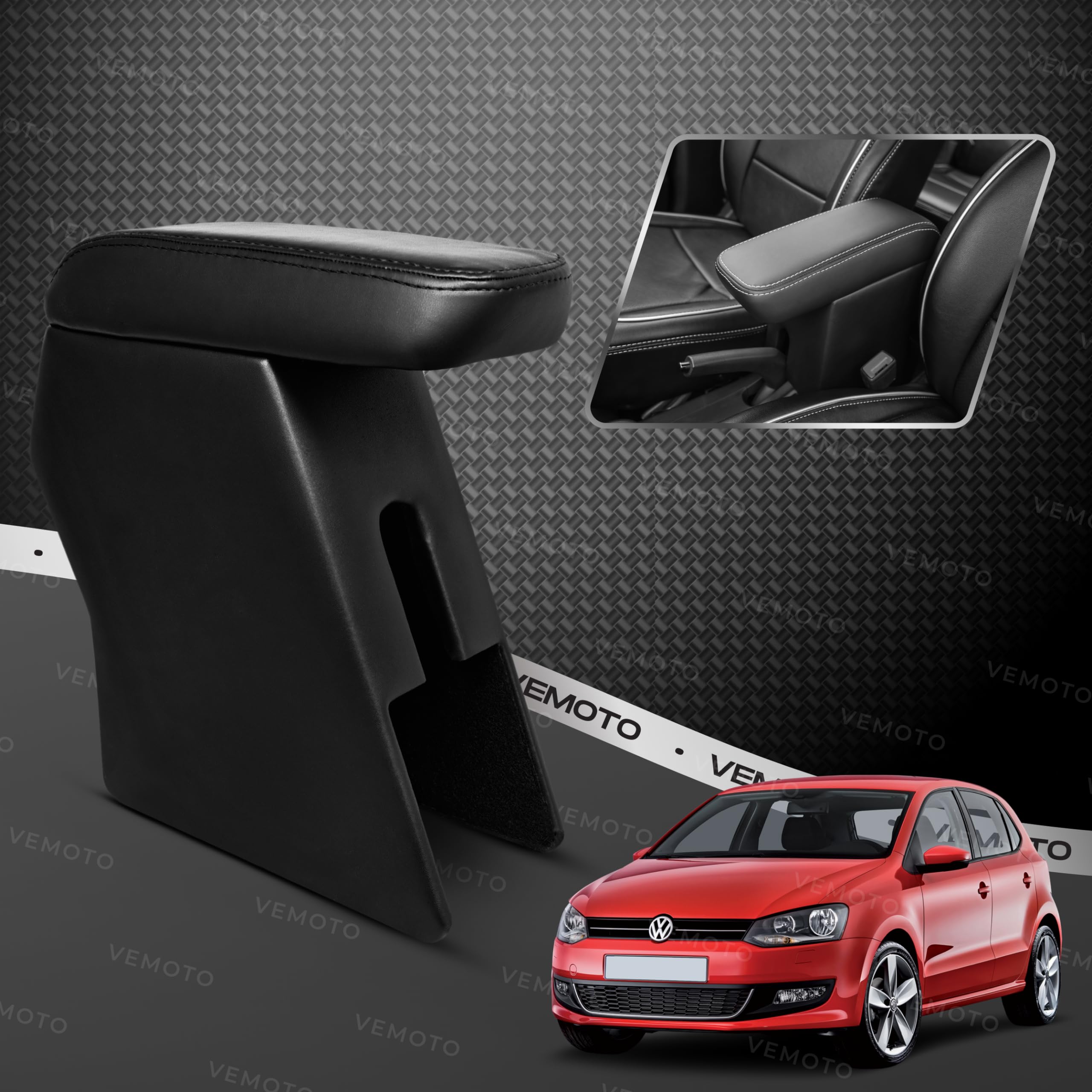 VEMOTO™ 2.0 High-End Car Center Armrest with Storage Compartment and Ultimate Comfort for Volkswagen Polo/Ameo (Black)