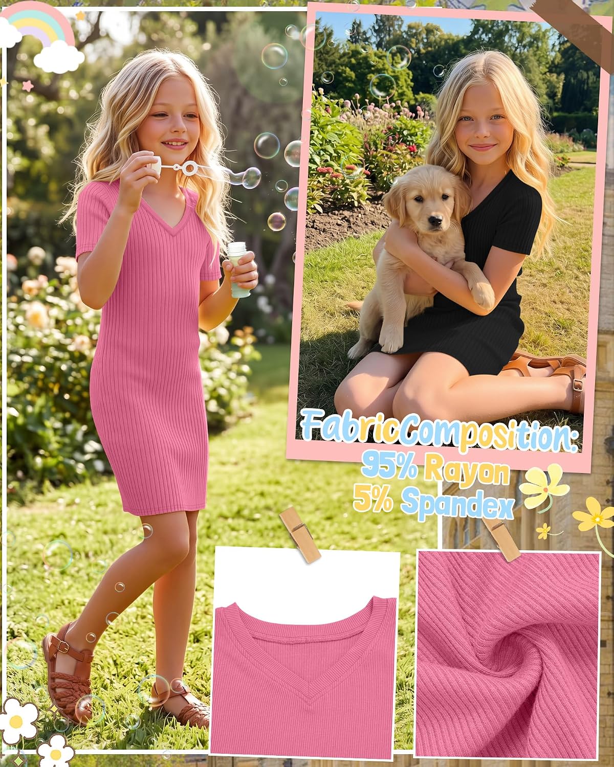 Oakgarden 2 Pack Girls Short Sleeve Dresses Bodycon Ribbed V Neck Dresses for Summer Pencil Basic Slim Fit Casual 5-14Y