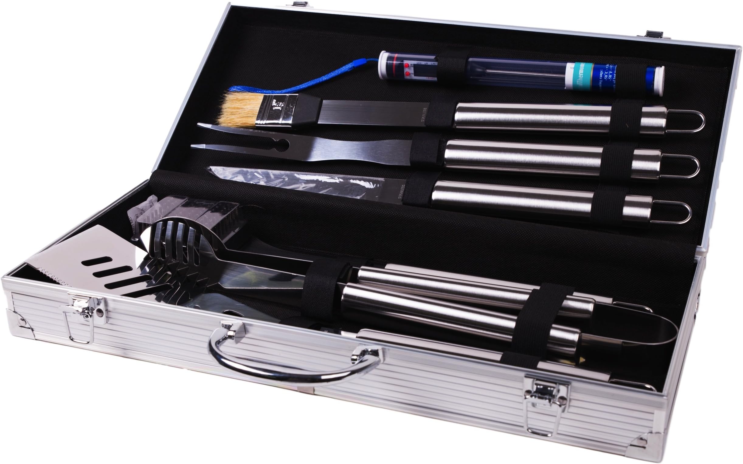 The Grilling Cook BBQ Tool Set with Digital Meat Thermometer in Aluminum Case Deluxe Stainless Steel Barbecue Grilling Accessories Tool Set Gift Idea for Tailgate Camping Home Or On The Road