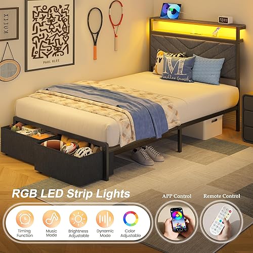 Miniatura 5 de HISOFT Marco de cama individual con estación de carga, luces LED y 2 cajones de almacenamiento, cama plataforma gris con cabecera tapizada,