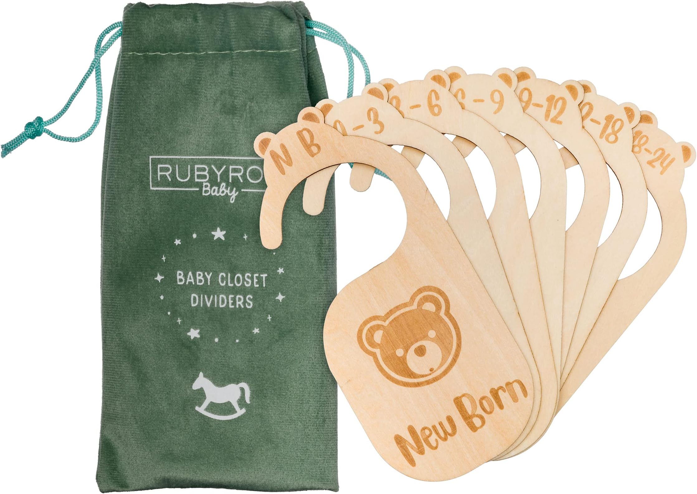 RubyRoo Closet Dividers for Baby Clothes - Nursery Closet Organizer for Boy or Girl Clothing - Wood Infant Size Divider Hanger- Cute Kids Wardrobe Decor - Newborn to 24 Month, 7 Pc (Engraved Style)