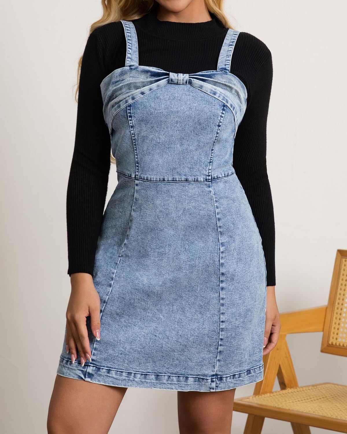 Women's Denim Dress Bow Front Strappy Mini Dresses - Image 5