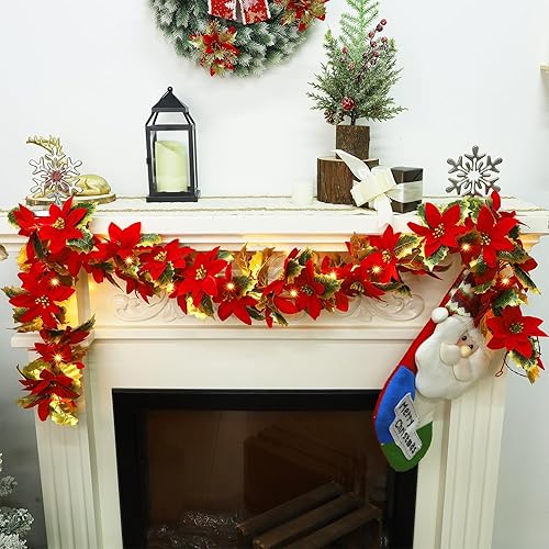 Miniatura 2 de Glintoper Paquete de 2 guirnaldas de Pascua de Navidad, guirnaldas artificiales iluminadas de 5.9 pies con 36 flores rojas, funciona con pilas con