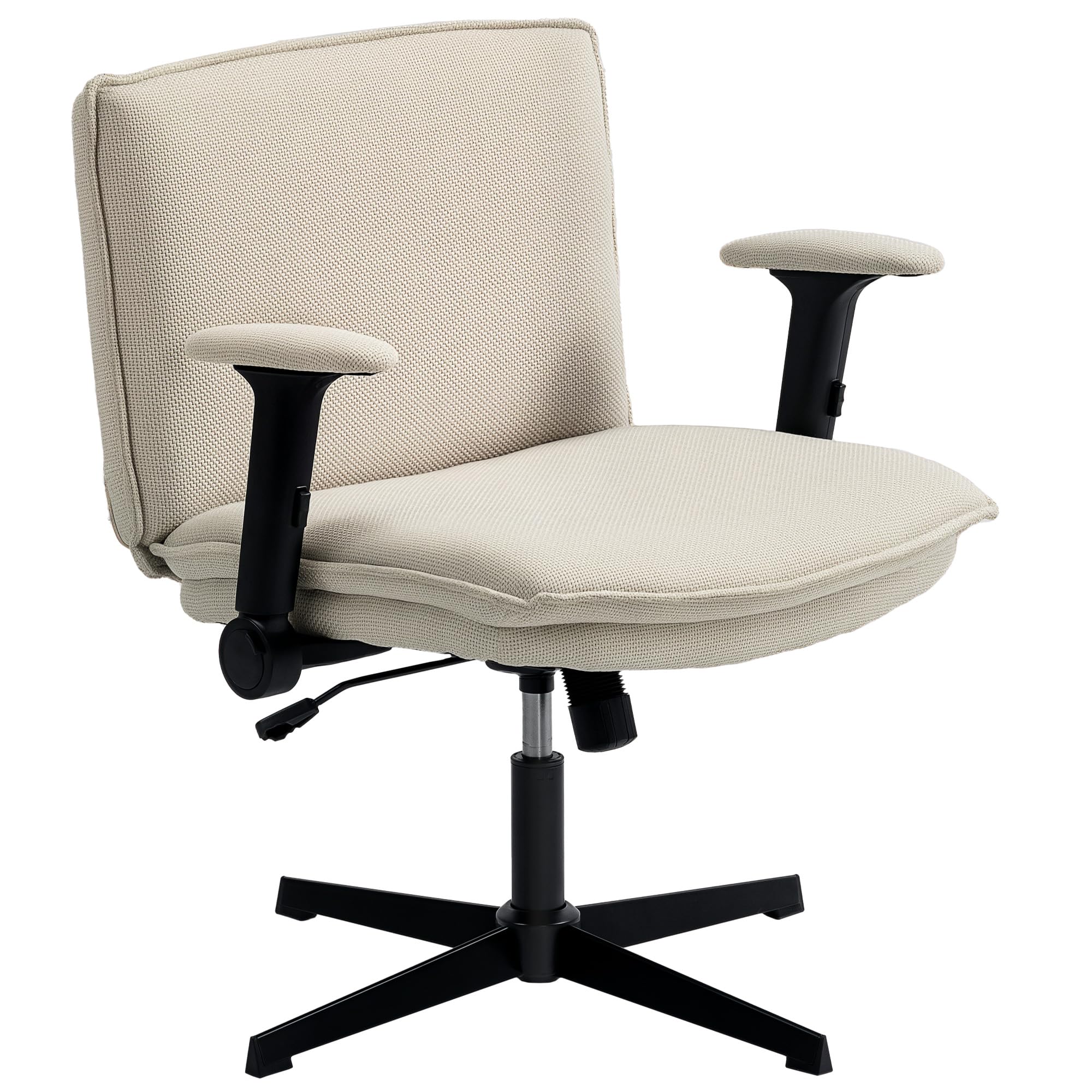 HOMCOM Office Chair Cross Legs, Desk Chair with Folding Armrest, Wide Seat, without Wheels, Adjustable Height, Swivel, Tilt Function, Linen Upholstery, Cream