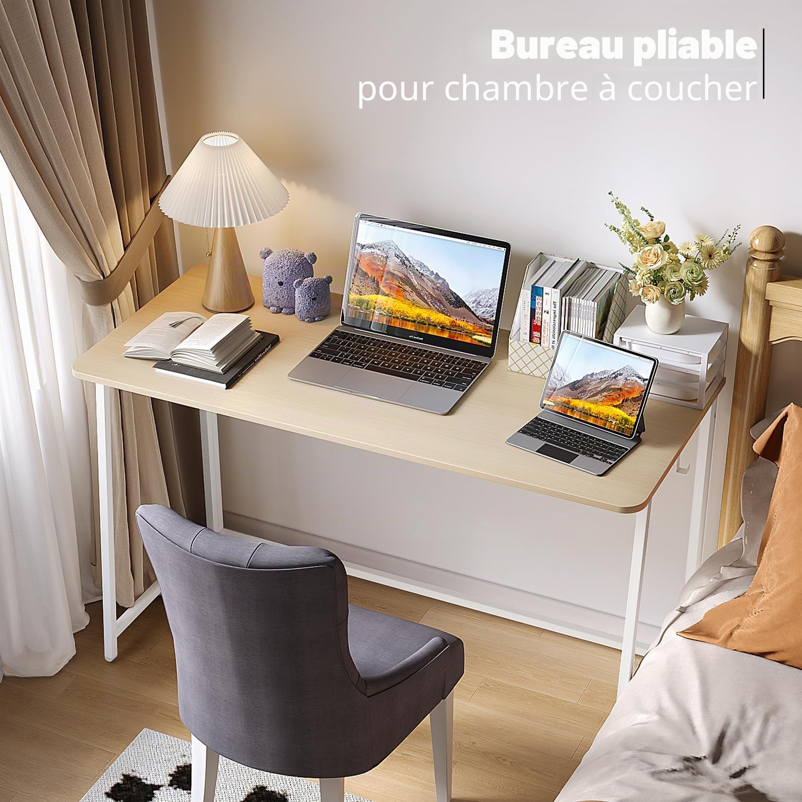 WOHOMO Petit Bureau Pliable de 120 cm pour Les Petits espaces, Table d'ordinateur, Station de Travail d'écriture pour Bureau à Domicile, Assemblage Facile, Beige