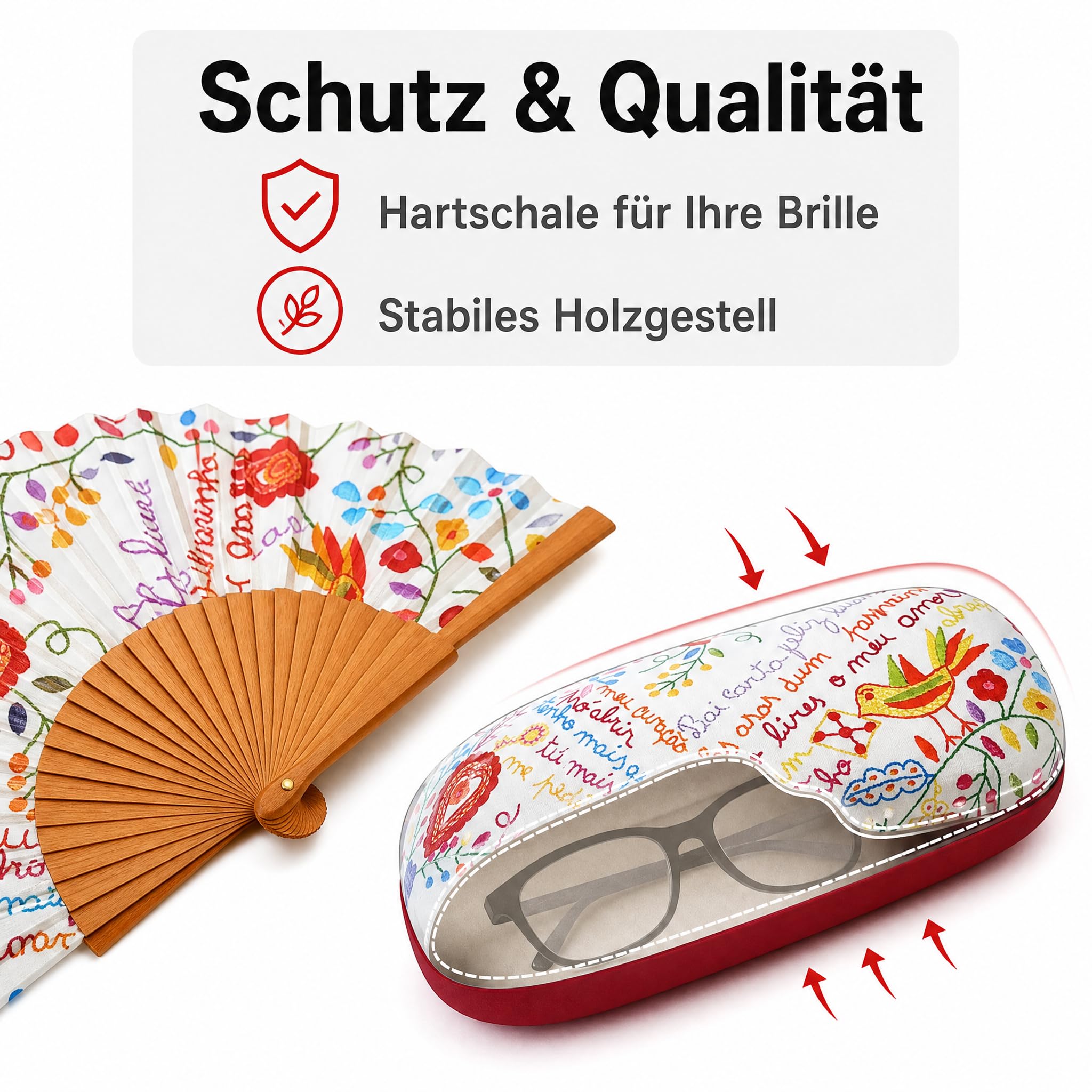 Handfächer & Brillenetui Set, Blumenmuster, Geschenkset Frauen | Faltbarer Handfächer mit Holzgestell und passendes Hartschalen-Brillenetui im Folk-Art-Design – als Muttertagsgeschenk