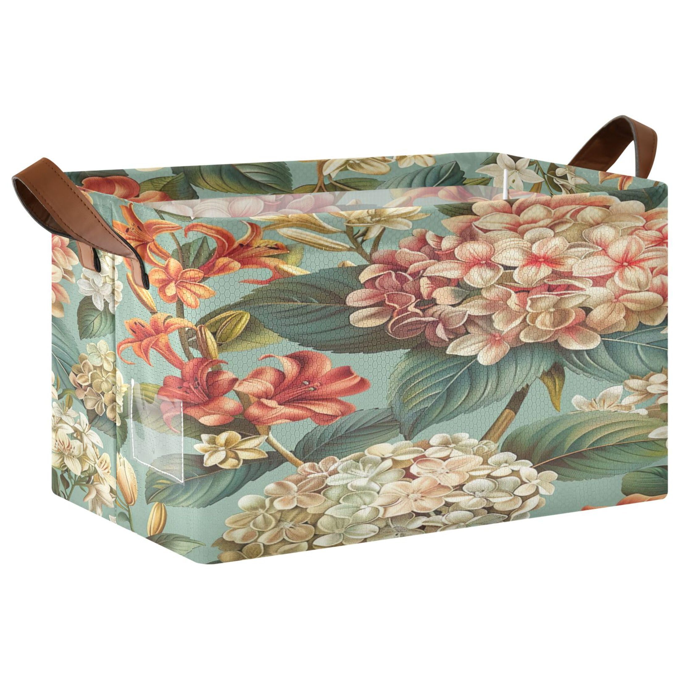 Kutsu Foldable Storage Basket Watercolor Flowers Collapsible Storage Bin with Handles for Shelves, Rectangle Basket for Home Nursery Decor, 16.9x11.4x10 in