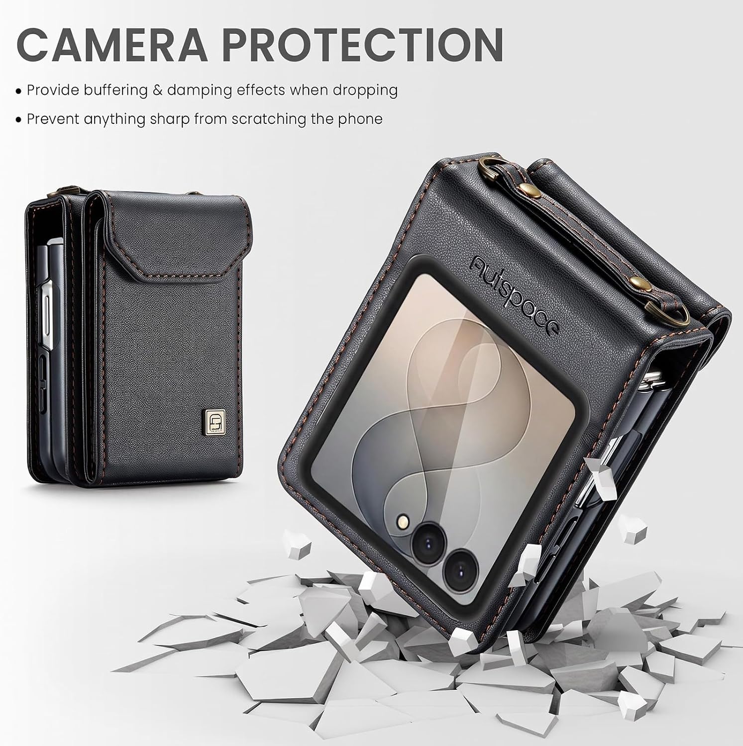 Crossbody Case Compatible with Samsung Galaxy Z Flip 8,Retro PU Leather Strap Wristlet Flip Case with Magnetic Closure and Card Holder for Men Women Black