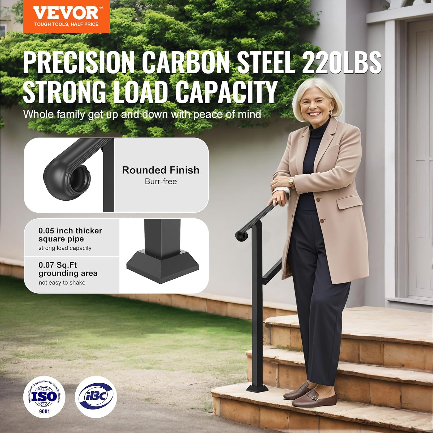 vevor handrails for outdoor steps, 2 step stair hand rail & indoor railing kit, railings for outside steps with installation kit, hand rails for seniors,porch railing & deck hand rail, black black straight-design