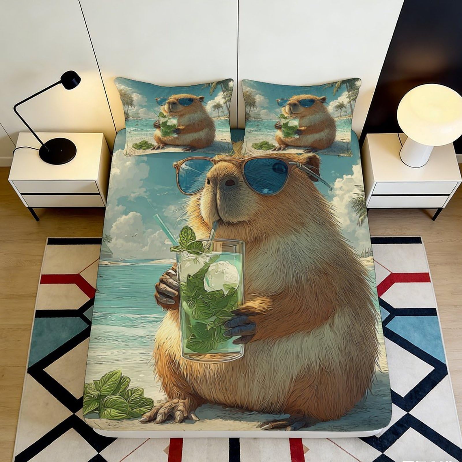 Pnayamiorkfel Style-5 3D Printed Capybara Beach Fitted Sheet Microfiber Fun Animal Sunglasses Bed Cover For Bedroom Guest Room Decor 90X200x25cm