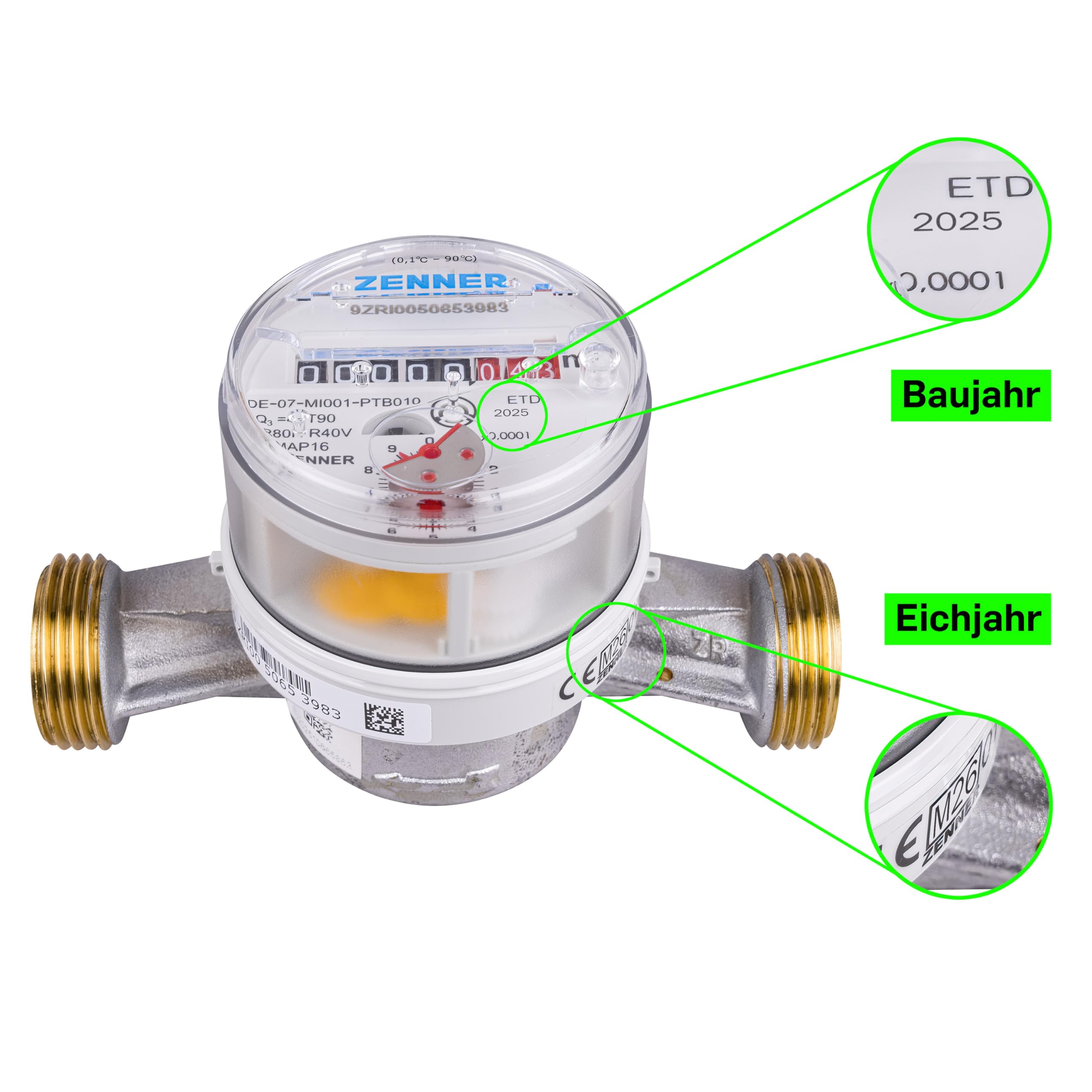 Zenner Compteur d'eau froide + chaude 3/4", longueur 130 mm, gris, avec raccords à vis et joints, calibrage 2026