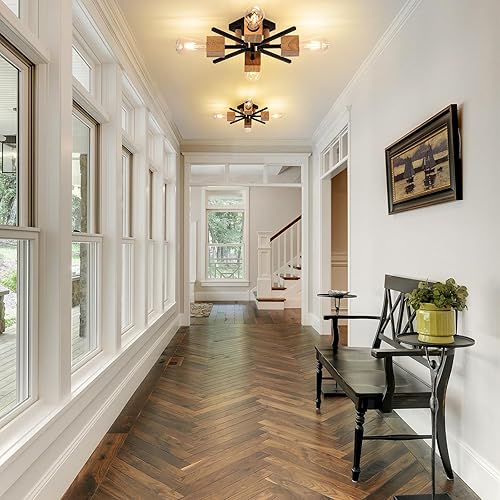 Miniatura 3 de Lámpara Sputnik de 4 luces negras de montaje empotrado, lámpara de techo industrial de madera de 22 pulgadas, modernas luces de techo para cocina,