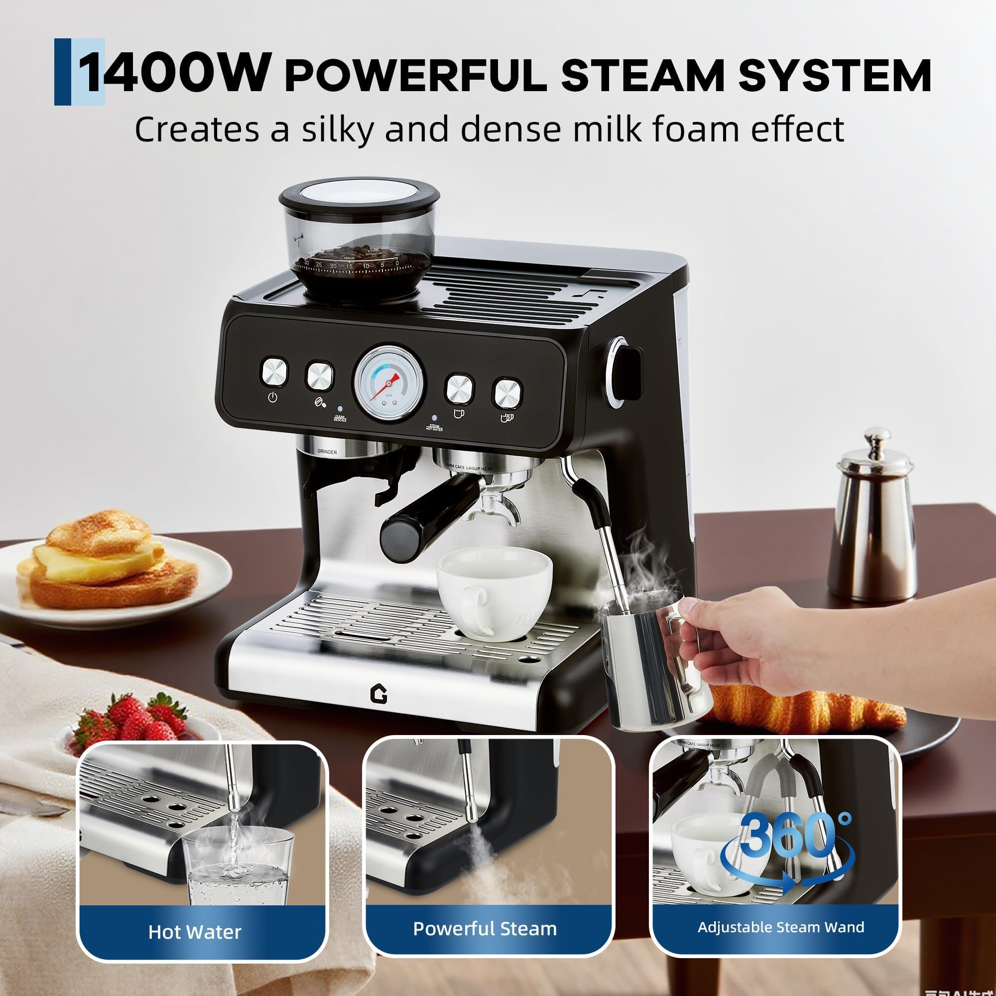 Macchina per espresso da 20 bar con smerigliatrice integrata, serbatoio rimovibile da 2,8 litri, volume di alimentazione regolabile e barra di vapore, macchina da caffè in acciaio inox