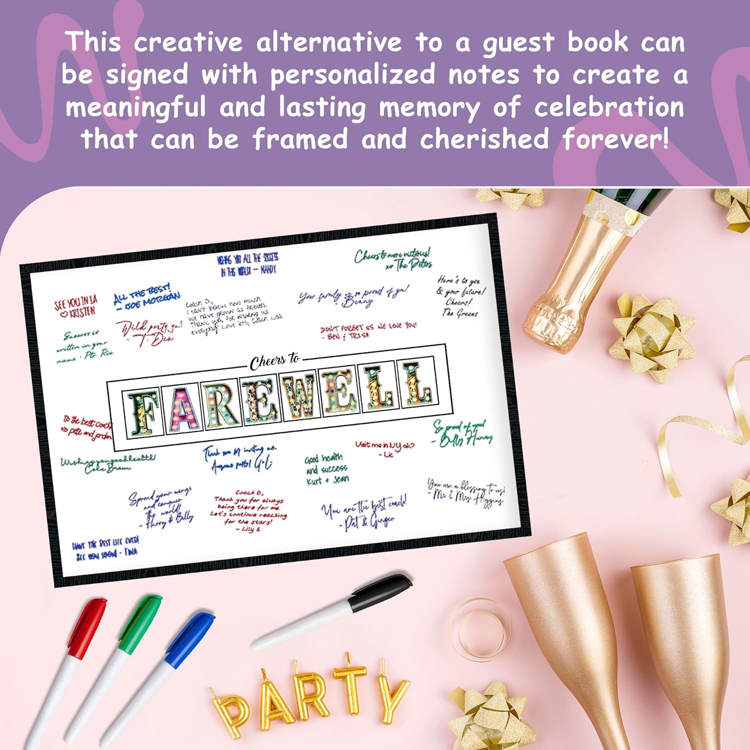 L&O Goods Cheers To Farewell | Large Signature Board Wall Decor | Guest Book Alternative for Birthday, Anniversary, Company Party | Wall Art Poster Gift | 11x17 Inch with Frame and Markers